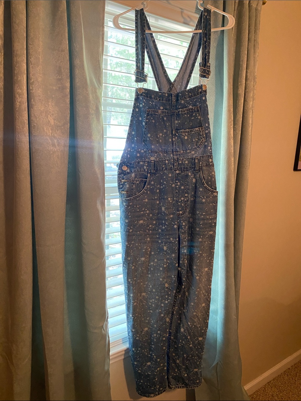 We The Free Blue Paint-Splatter Denim Overalls